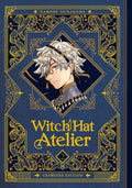 Front cover of the book 'Witch Hat Atelier' by Kamome Shirahama, featuring a dark navy blue background with ornate gold filigree borders and a central anime-style illustration of a character with white hair and a witch hat.