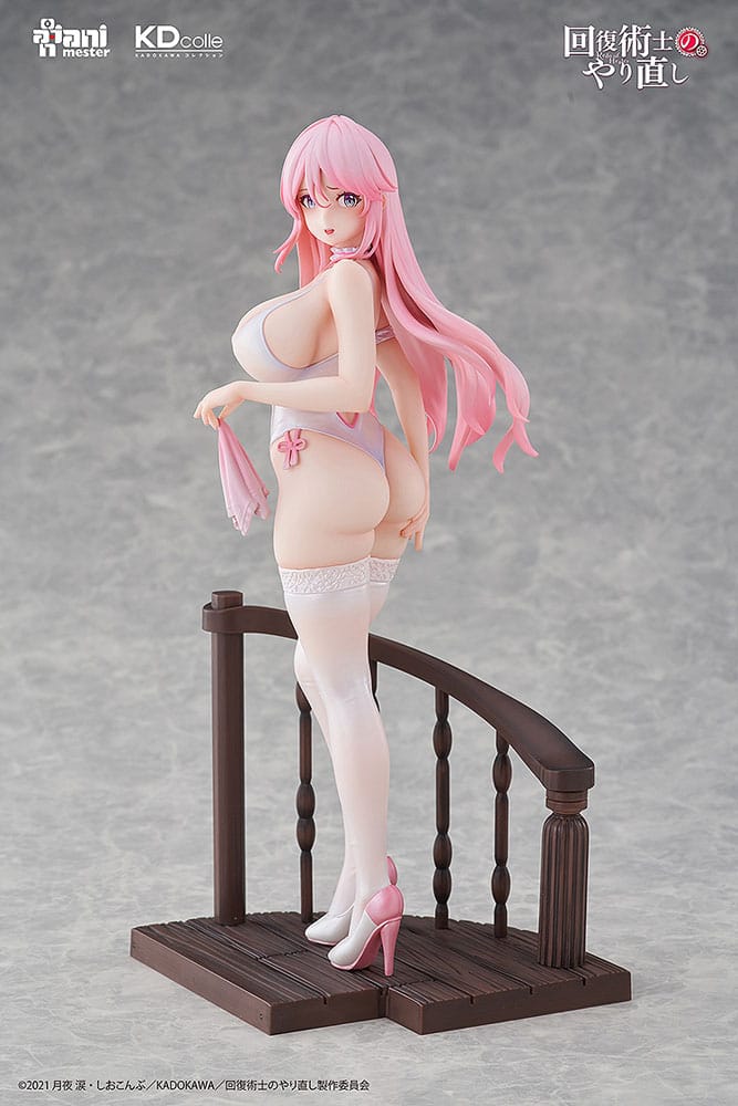 Anime character figurine with pink hair and white outfit on a gray background