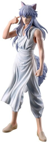 A collectible anime figurine of a female character with long lavender-blue hair and wolf-like ears, wearing a white sleeveless wrap dress and beige shoes, posed against a plain white background.