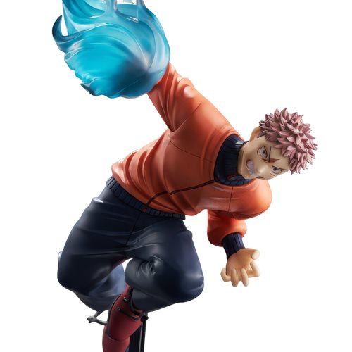 A collectible action figure of a spiky-haired character in an orange long-sleeve top, dark pants, and red boots, with a translucent blue energy effect floating near the raised arm, shown on a plain white background.
