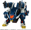 Toy robot model with blue, white, and orange colors on a white background