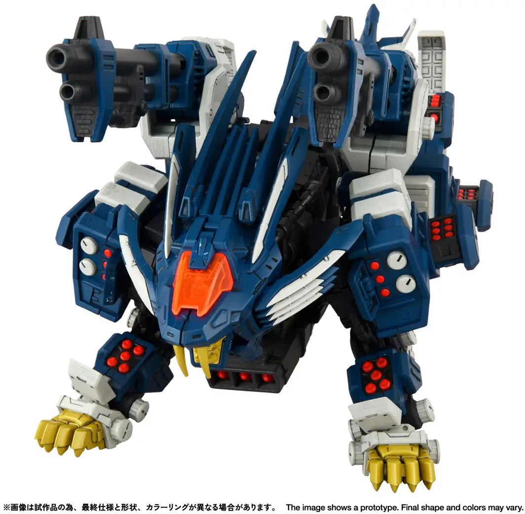 Toy robot model with blue, white, and orange colors on a white background