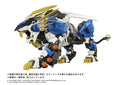 Toy robot with blue, black, and yellow colors on a white background
